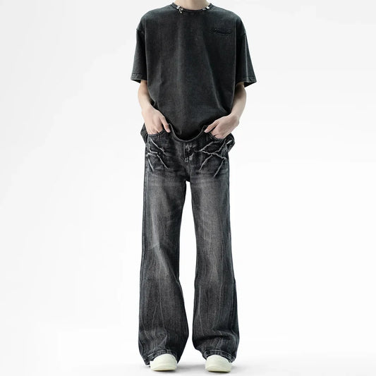 Retro American Lightning Pattern Men's Jeans High Waist Bootcut Long Trousers Hip Hop Style Straight Leg Black Washed Denim