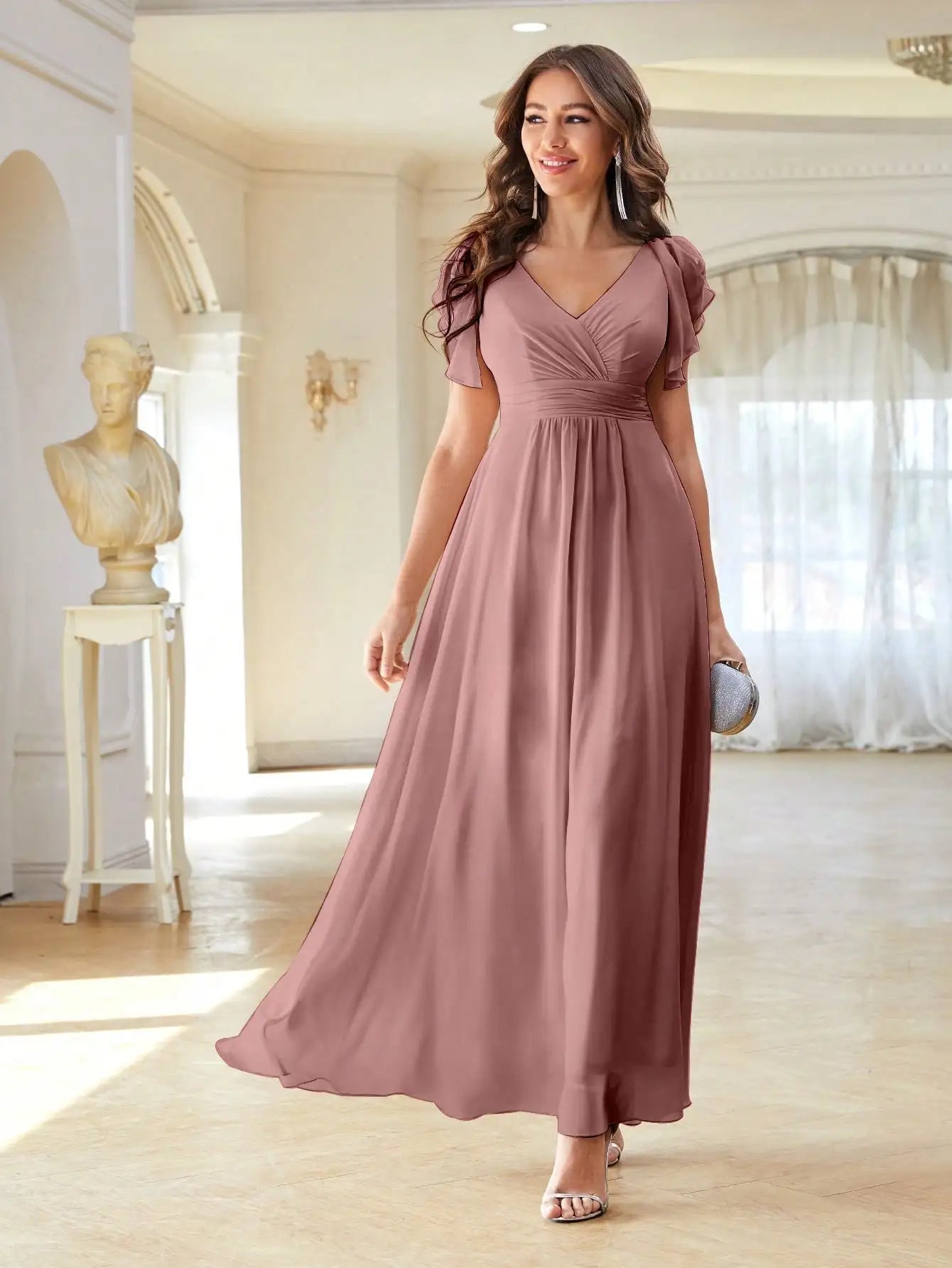 Unithorse Solid Ruffle Trim Chiffon Bridesmaid Dress