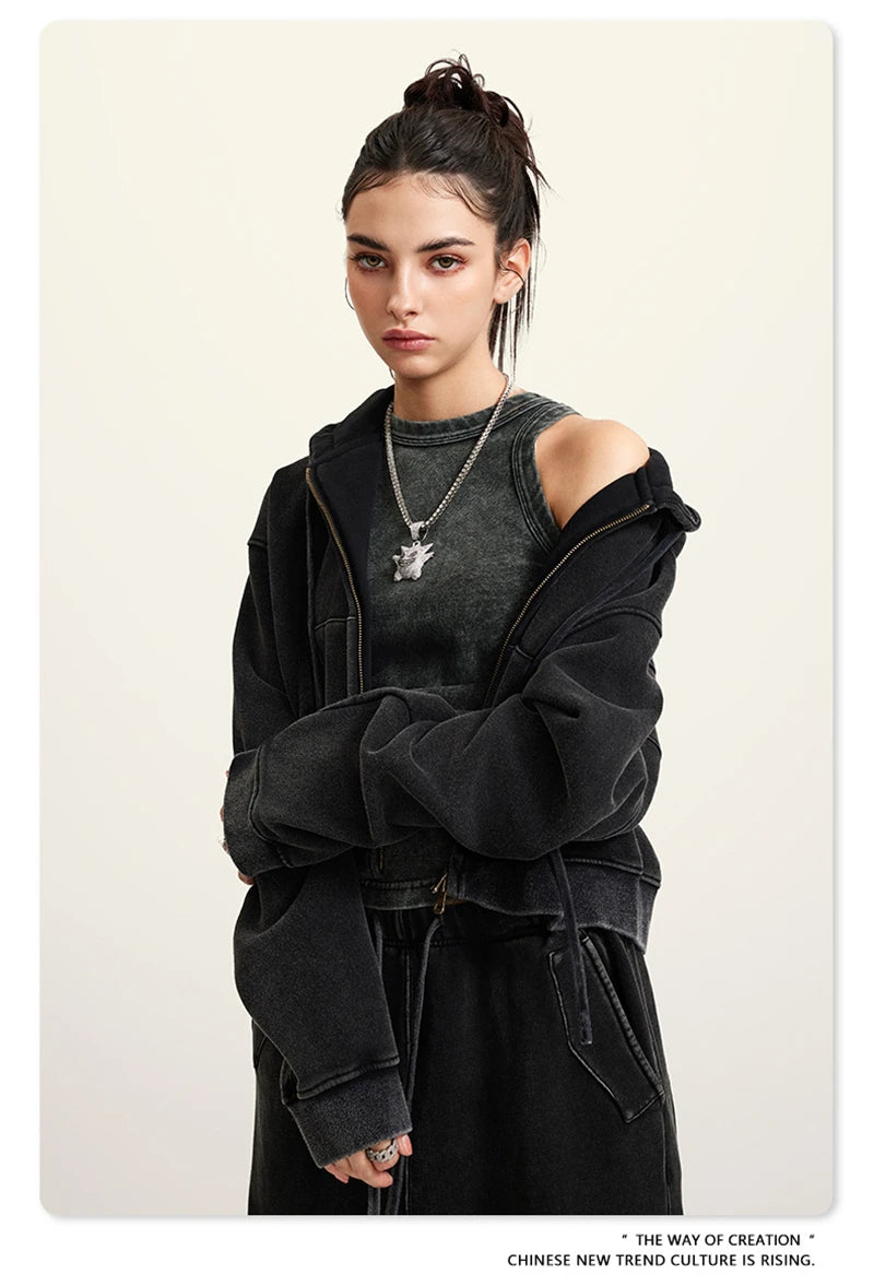 ZODF Retro 2025 Winter Women Short Zipper Hoodies Female Girls Loose 355gsm Thick Fleece Hooded Zip-up Coat Streetwears HY0448