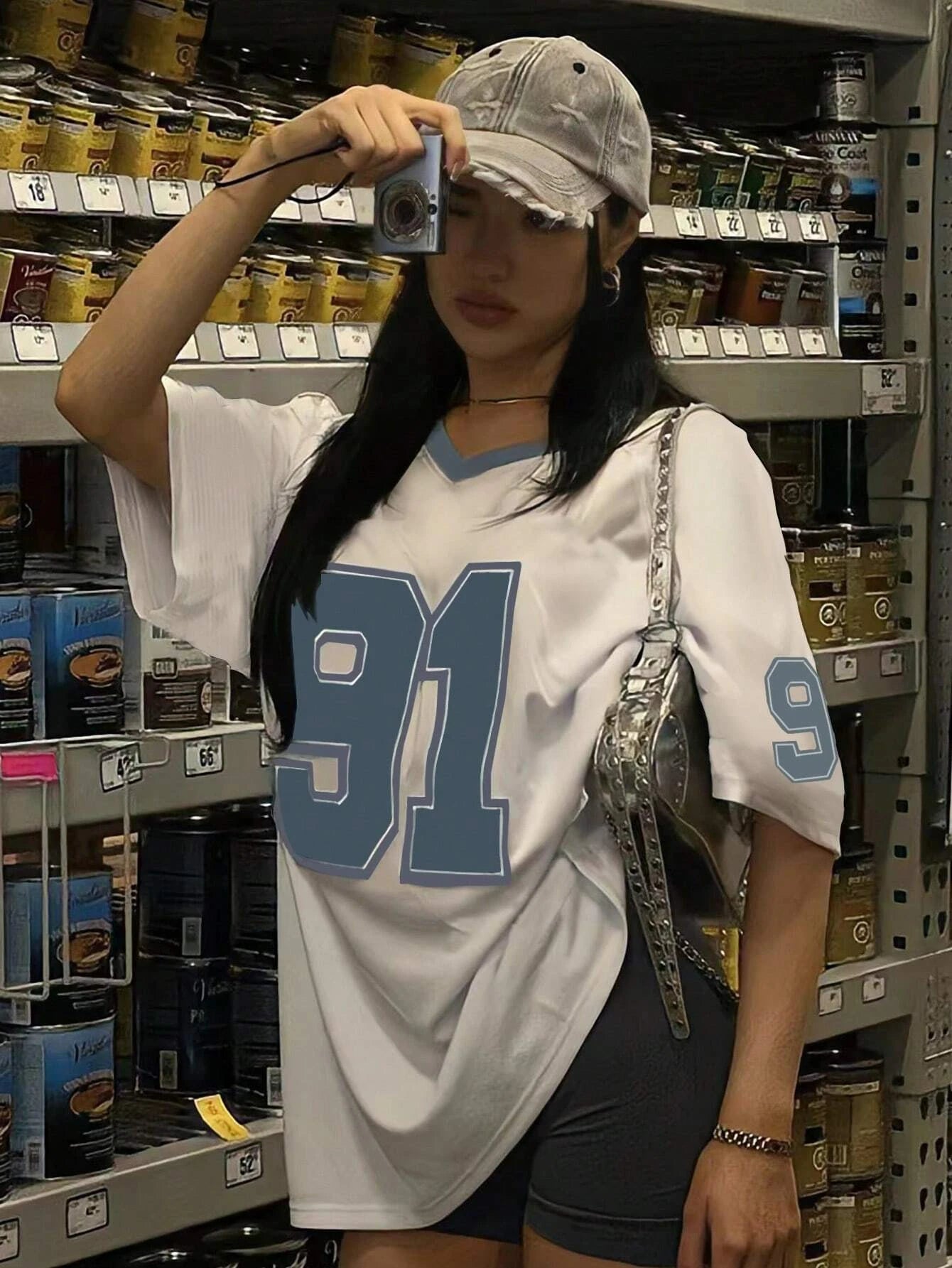 2025 Summer New Retro 91 PrintT-Shirt For Women V-Neck Short Sleeve Sports Football Jersey Y2K Loose Streetwear Tops Women Beach