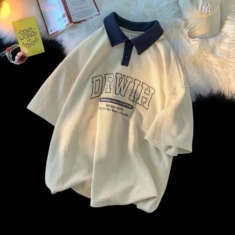 American Retro Lapel Polo Shirt Short Sleeved Men's Harajuku Casual Fashion Versatile Oversized Loose Versatile T-shirt