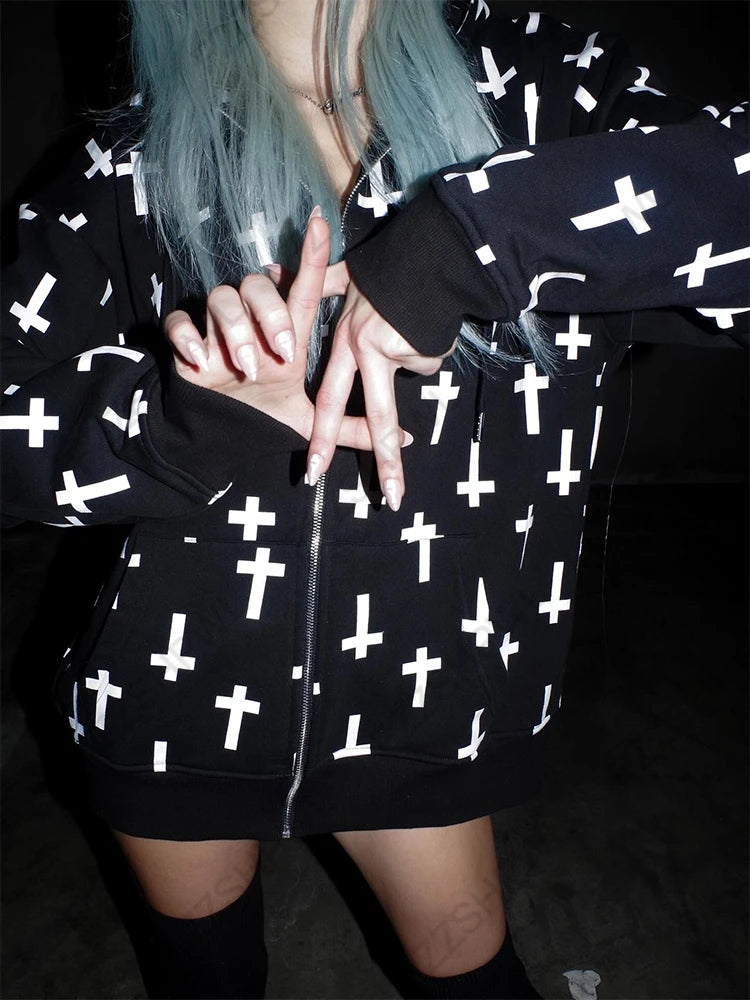 Gothic Punk Grunge Y2K Unisex Hoodie Loose Chic Casual Cross Print Cardigan Sweatshirt Harajuku Vintage Autumn Winter Streetwear