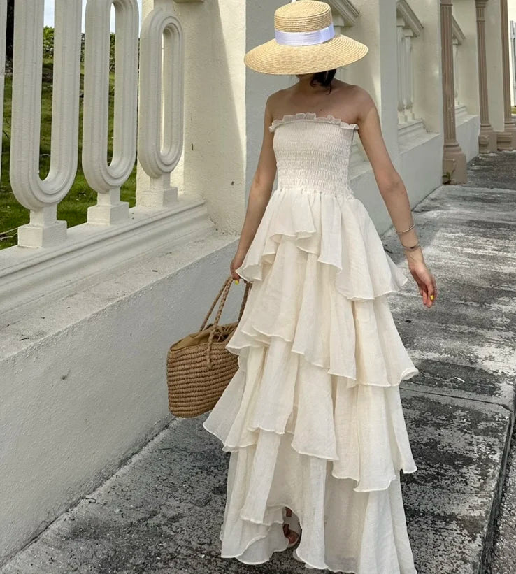French Style Female Luxurious Strapless Cake Dress Summer Strapless Women Party Dresses Vintage Tiered Wedding Guest Dress 2025