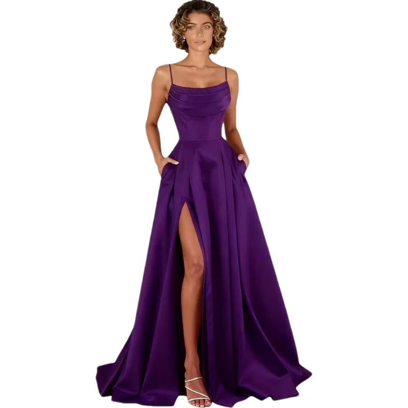 Customized Women's Spaghetti Straps Satin Prom Dresses with Slit Long A Line Formal Dress Evening Party Gowns with Pockets