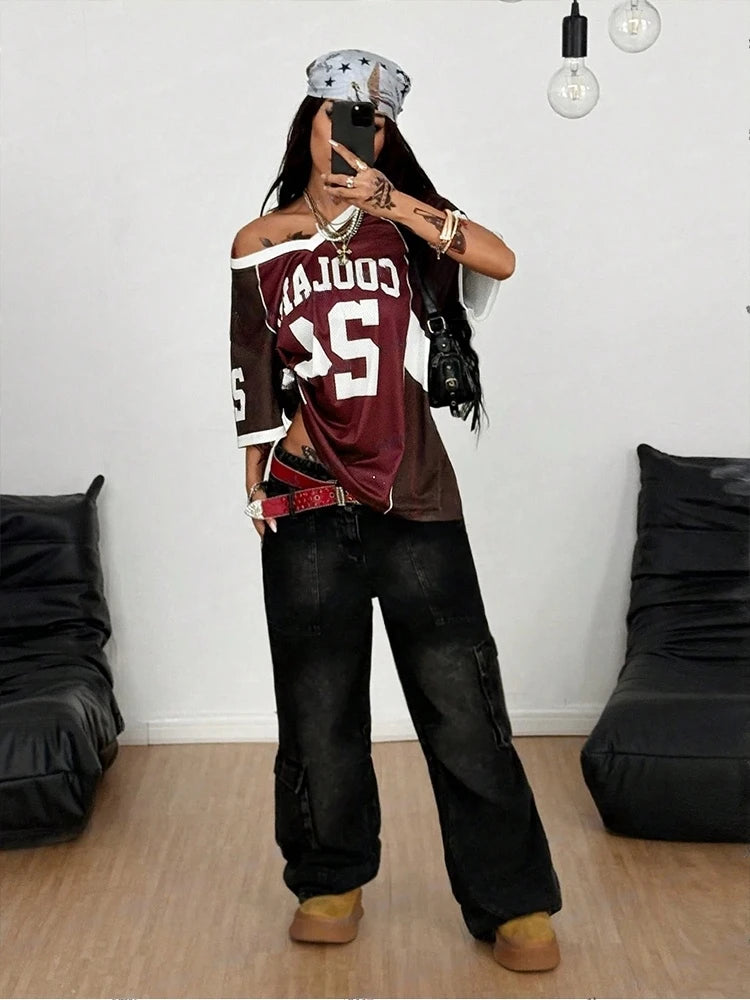 2025 Summer New Retro3D Printed Women's T-shirt V-neck Short sleeved Sports Football Suit Y2K Loose Oversized Quick Drying Top