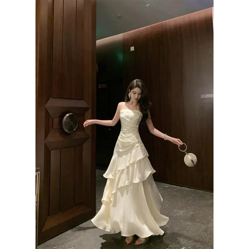 French Elegant Luxury Ruffles Sling Mermaid Dress Prom Gown  Zipper Tierred Shoulder Dresses 2025 Summer Chic New Vestidos