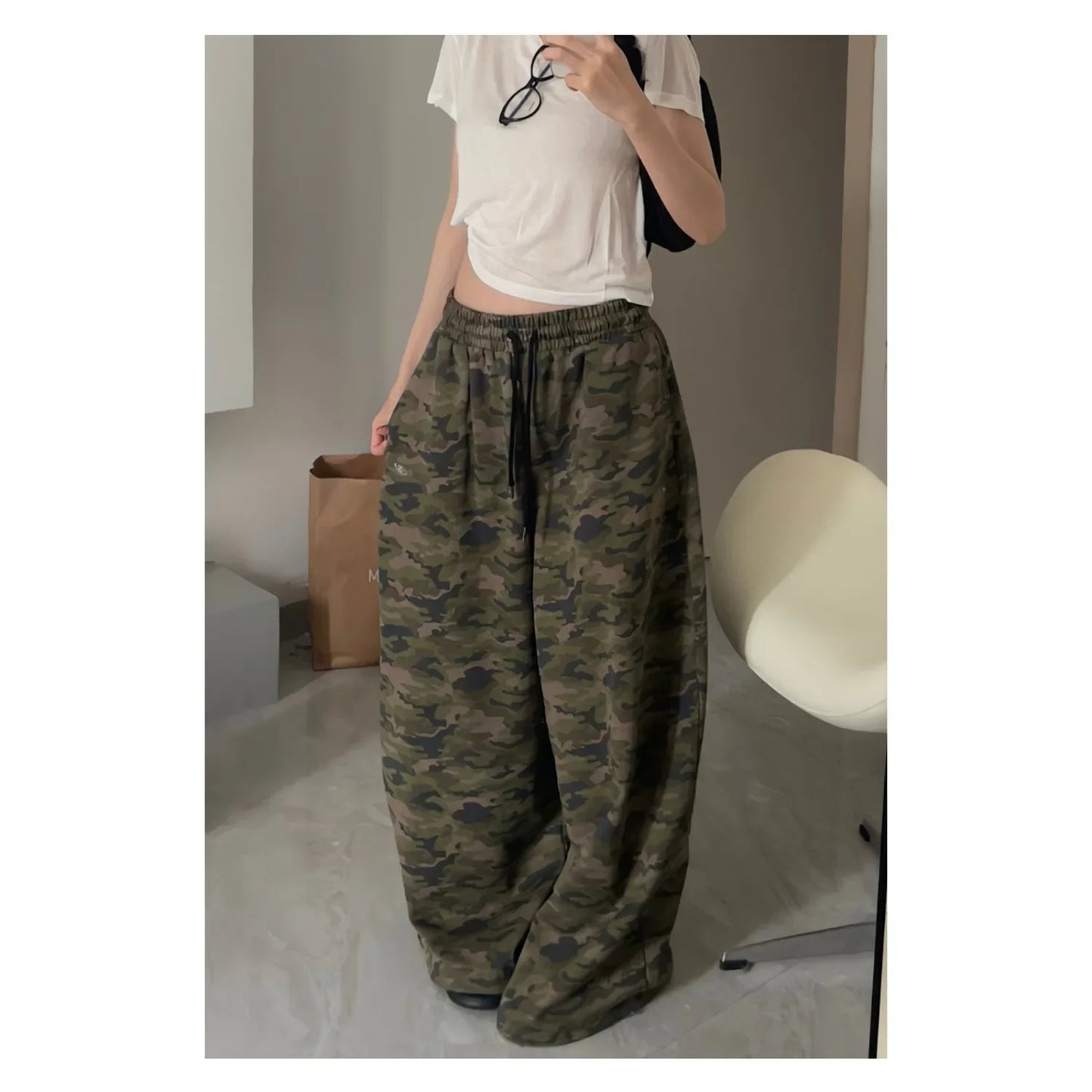American Style Loose Casual Pants Long Trousers Drawstring Lazy Style Camouflage Wide Leg Street Fashion Loose Long Trousers