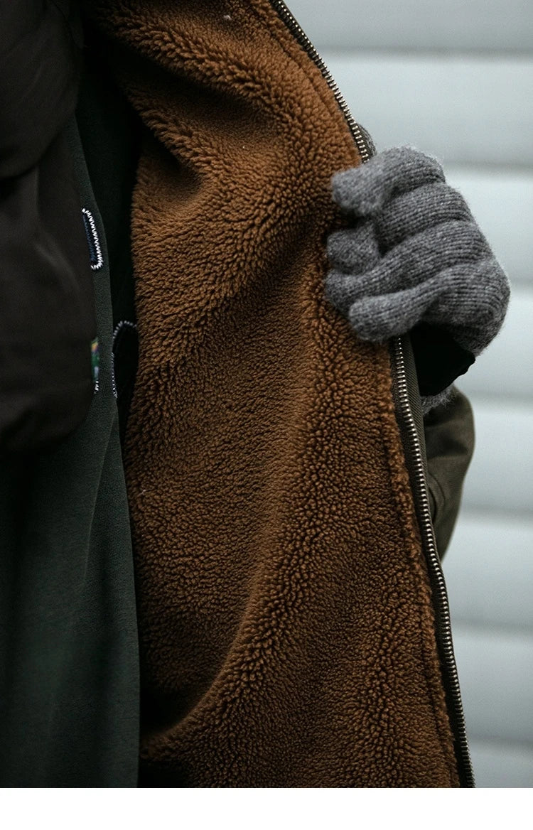 Winter Heavyweight Mens Jacket Japanese Vintage PU Coated Windproof Thick Fleece Lined Warm Distressed Streetwear Long Coat Male