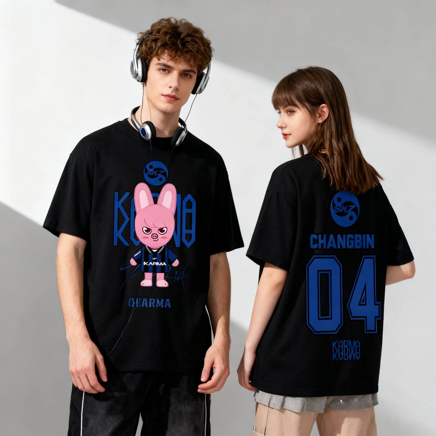 Hot Selling KPOP KARMA HYUNJIN Cartoon Print Oversized Casual Cute Fashion T-shirt Korean Fashion Fan T-shirt Harajuku Top