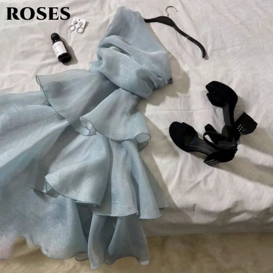 ROSES Dusty Blue Elegant Evening Dress One Shoulder Layered Chiffon Short Party Dress Backless Sleeveless Formal Gown Customized