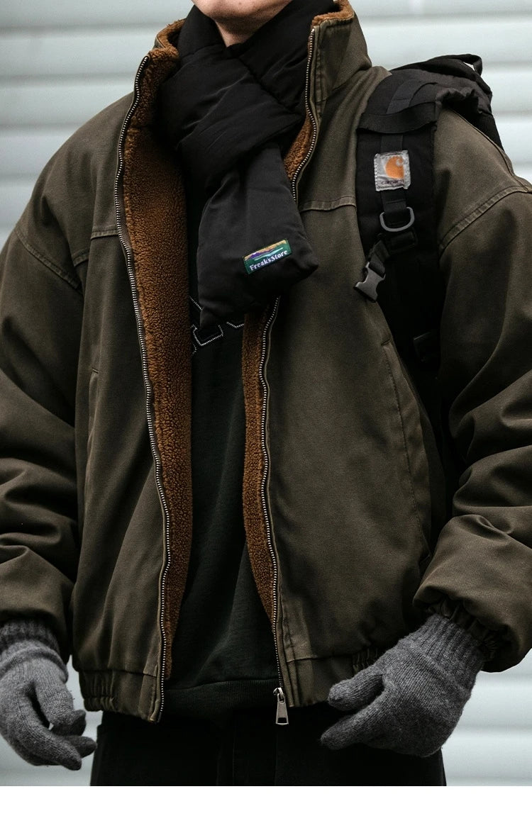 Winter Heavyweight Mens Jacket Japanese Vintage PU Coated Windproof Thick Fleece Lined Warm Distressed Streetwear Long Coat Male