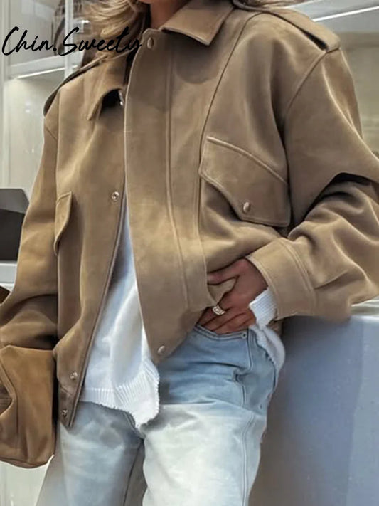 Street Suede Solid Women Jacket Casual Stand Collar Zippers Pocket Long Sleeve Female Overcoat 2026 Spring Autumn Lady Outwear