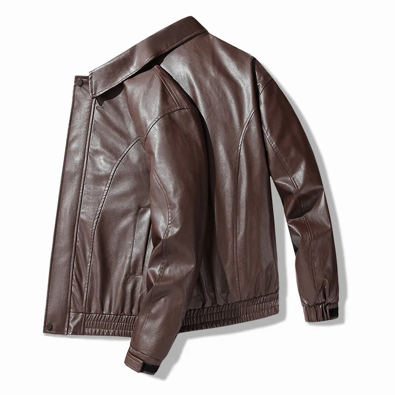 Autumn Man Leather Jacket High Street Solid Color Turn Down Collar Male Coat Motorcycle Punk Long Sleeve Zipper Men Outerwear