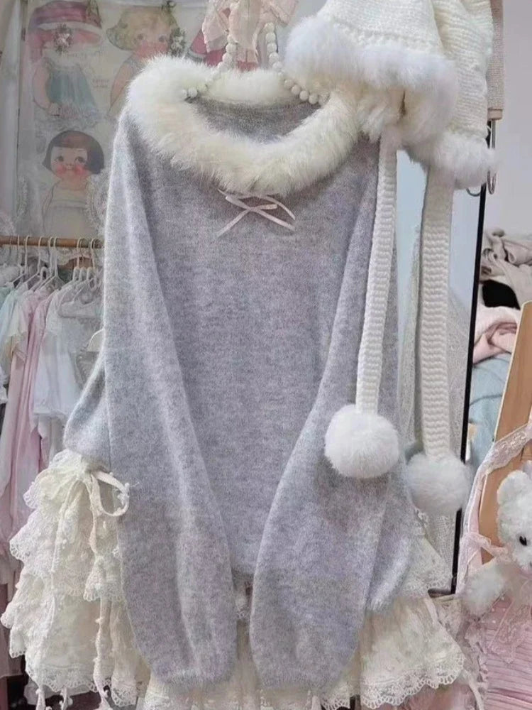 Women Sweet Hot Girl Bow Off-Shoulder Sweater Autumn Winter Elegant Sexy Fashion Knitted Tops Casual Y2k Knitwear Pullover New