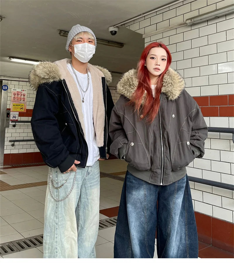 ZAROY Fur Collar Hooded Parkas Y2k Harajuku Thicken Padded Jackets Casual Zipper Gothic Women&Men Winter Coats Streetwear кур