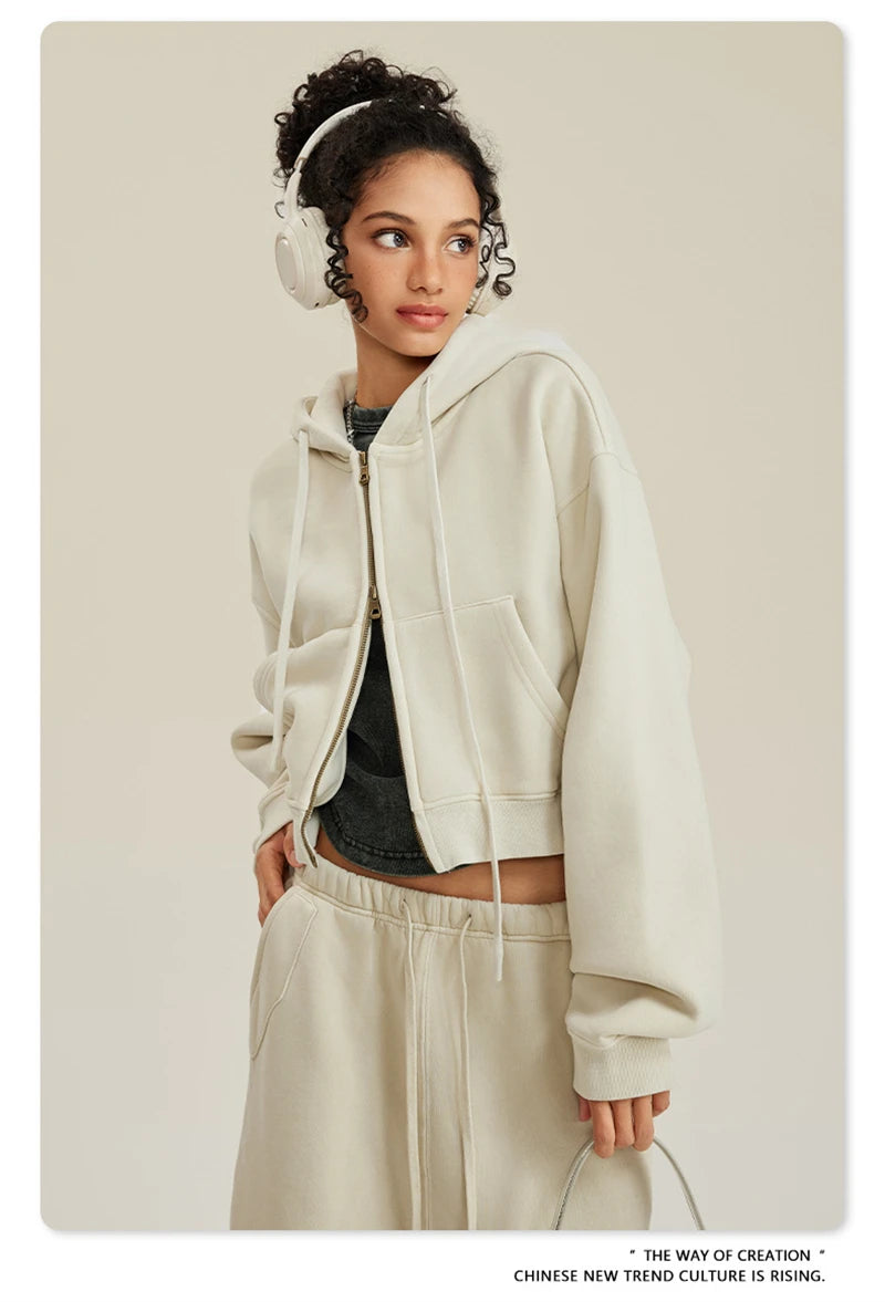 ZODF Retro 2025 Winter Women Short Zipper Hoodies Female Girls Loose 355gsm Thick Fleece Hooded Zip-up Coat Streetwears HY0448