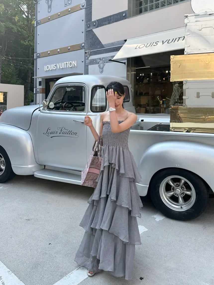 French Style Female Luxurious Strapless Cake Dress Summer Strapless Women Party Dresses Vintage Tiered Wedding Guest Dress 2025