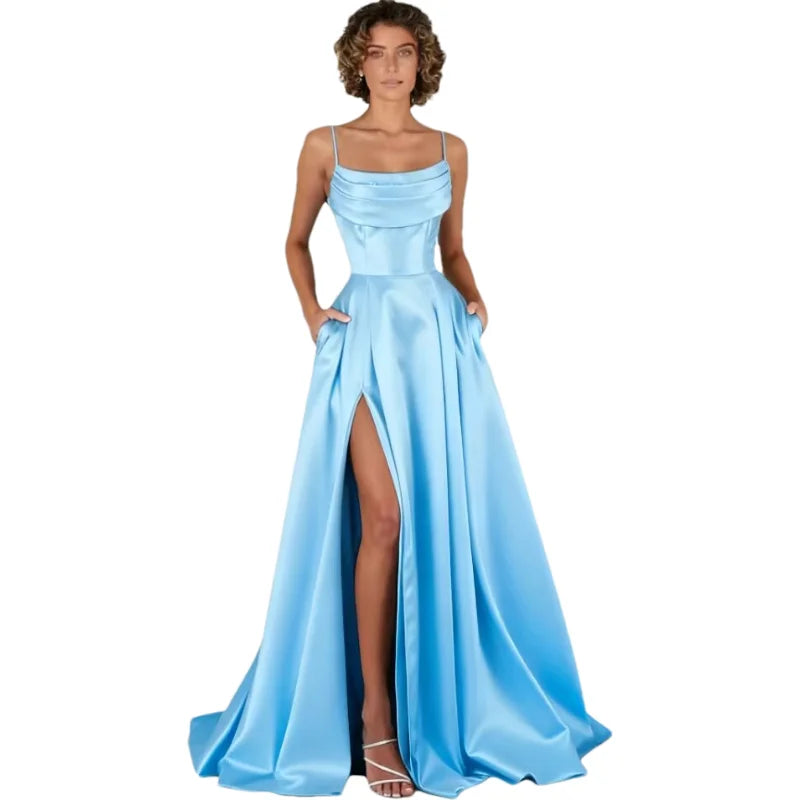 Customized Women's Spaghetti Straps Satin Prom Dresses with Slit Long A Line Formal Dress Evening Party Gowns with Pockets