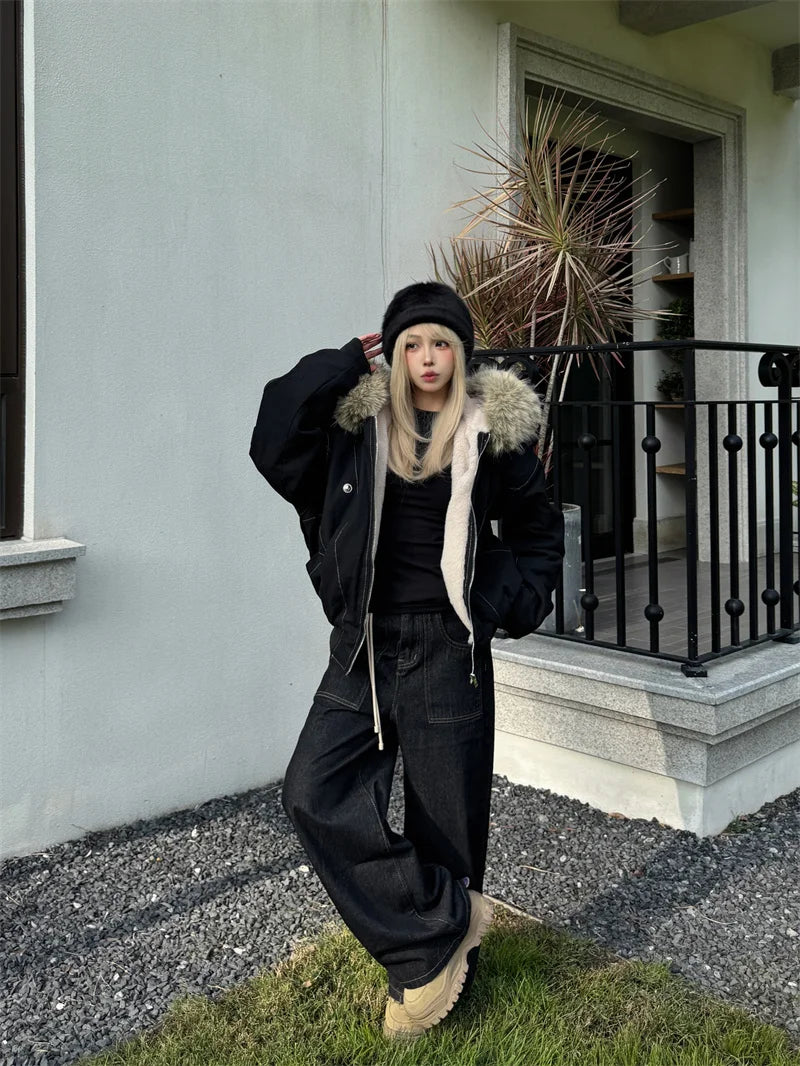 ZAROY Fur Collar Hooded Parkas Y2k Harajuku Thicken Padded Jackets Casual Zipper Gothic Women&Men Winter Coats Streetwear кур