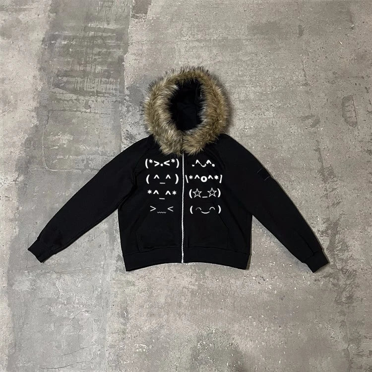 Casual Faur collar Harajuku Streetwear Hiphop Zipper Hoodie sweatshirt Vintage Rock Goth Loose Punk EMO Y2K Zip up hoodie Jacket