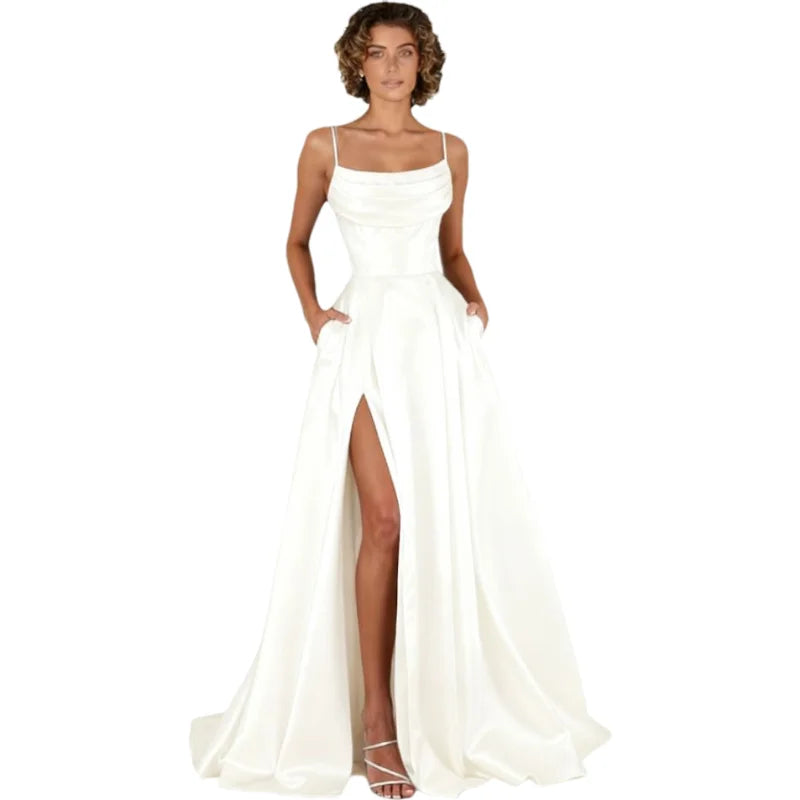 Customized Women's Spaghetti Straps Satin Prom Dresses with Slit Long A Line Formal Dress Evening Party Gowns with Pockets