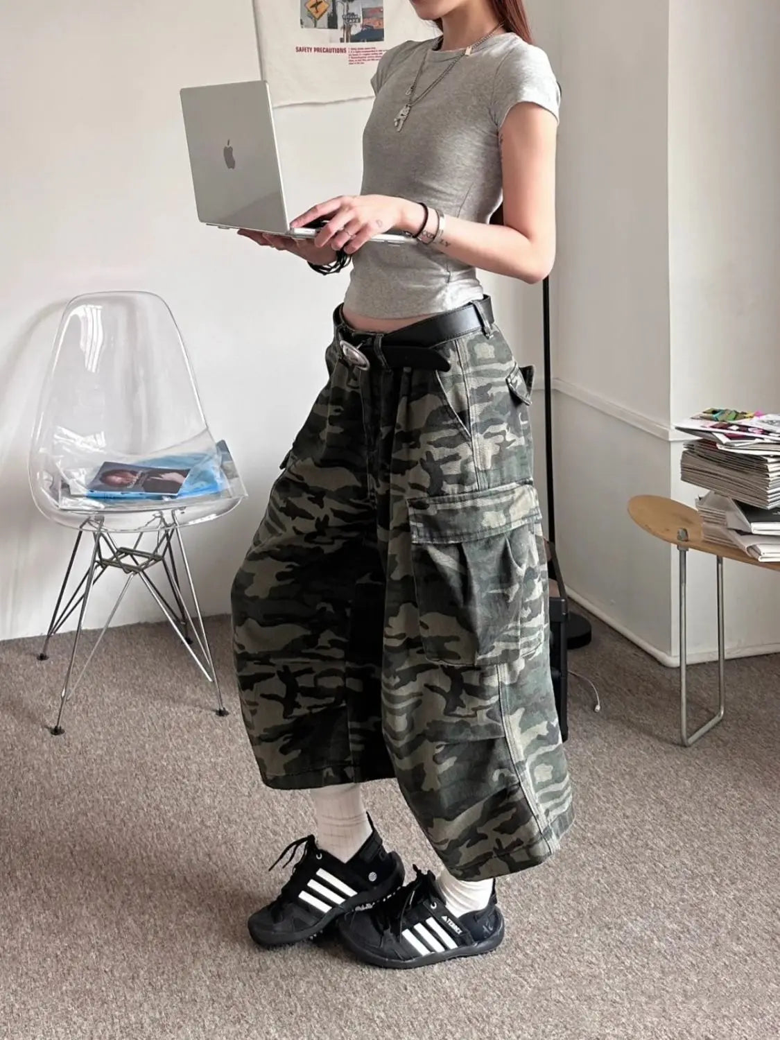 American Camouflage Jeans Men's and Women's High Street Loose Straight Leg Casual Versatile Seven-minute Denim Pants Male