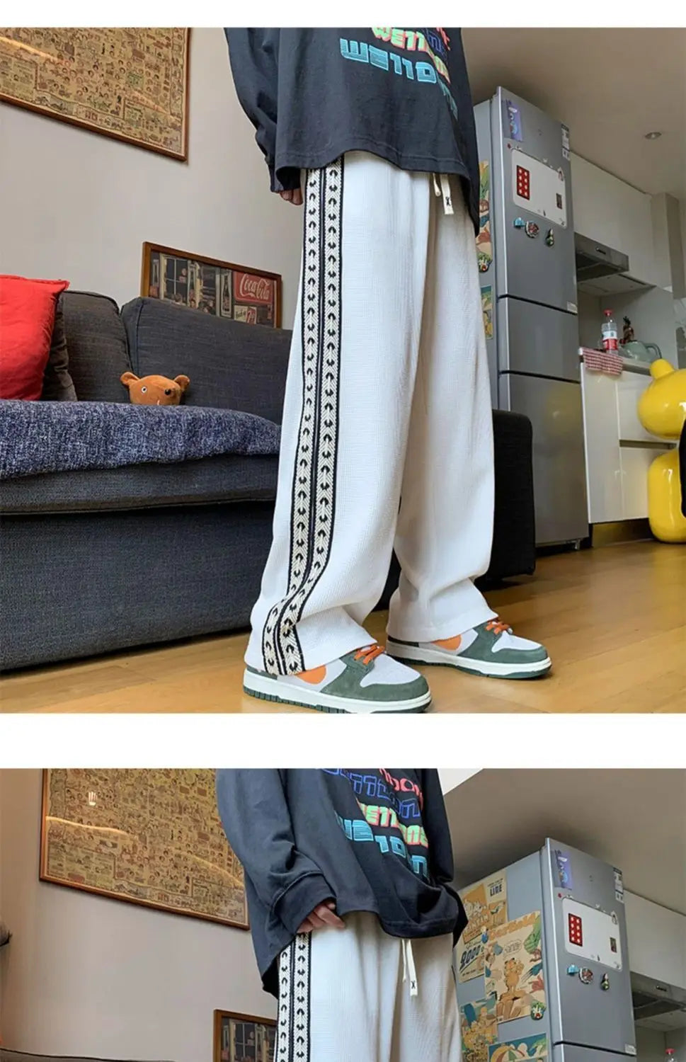 American High Street Waffle Autumn Casual Pants Men Solid Patchwork Print Trendy Fashion Pockets Loose Straight Wide Leg Trouser