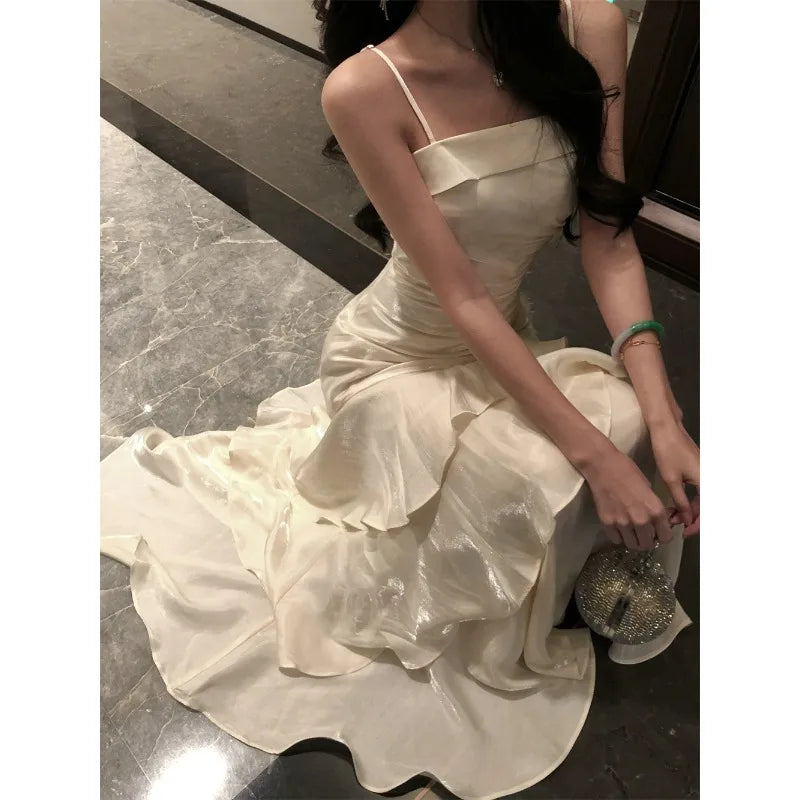 French Elegant Luxury Ruffles Sling Mermaid Dress Prom Gown  Zipper Tierred Shoulder Dresses 2025 Summer Chic New Vestidos