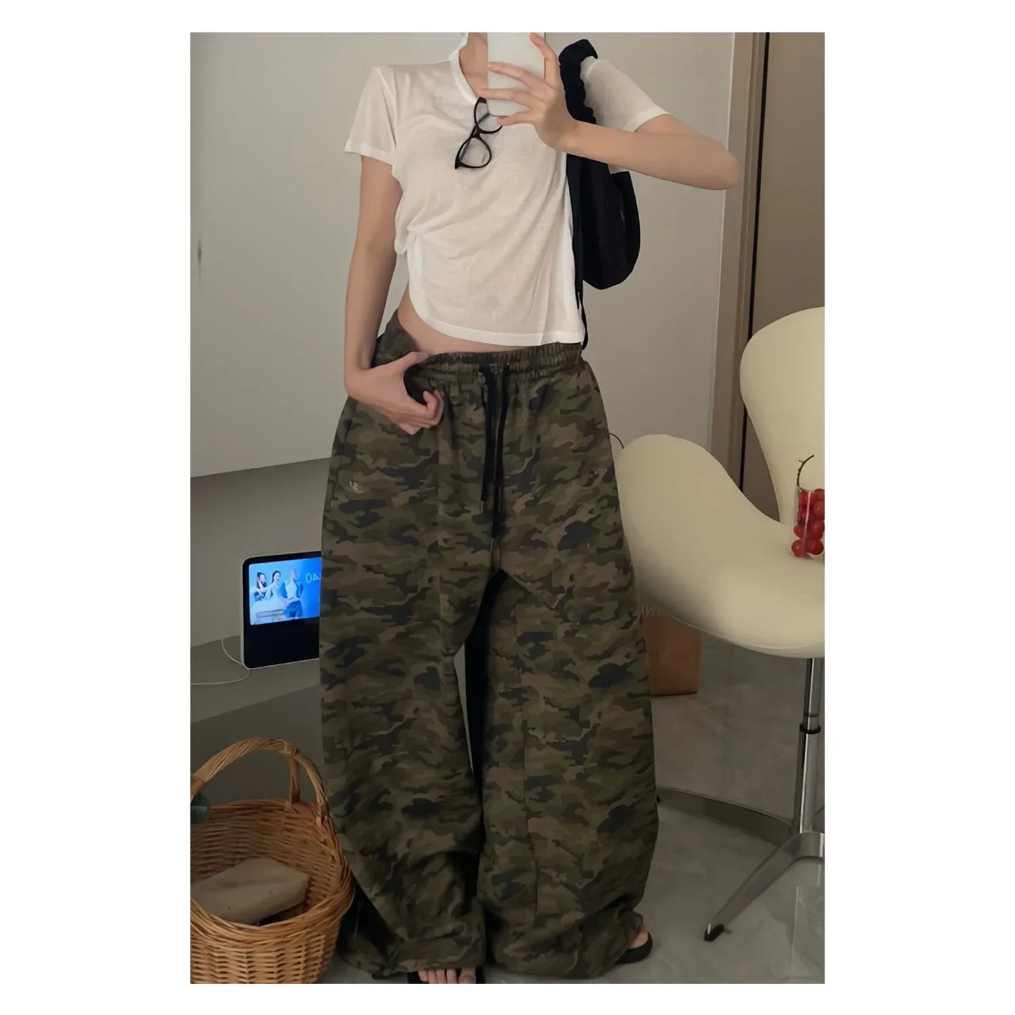 American Style Loose Casual Pants Long Trousers Drawstring Lazy Style Camouflage Wide Leg Street Fashion Loose Long Trousers