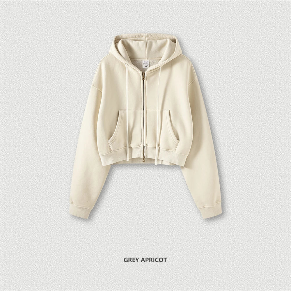 ZODF Retro 2025 Winter Women Short Zipper Hoodies Female Girls Loose 355gsm Thick Fleece Hooded Zip-up Coat Streetwears HY0448