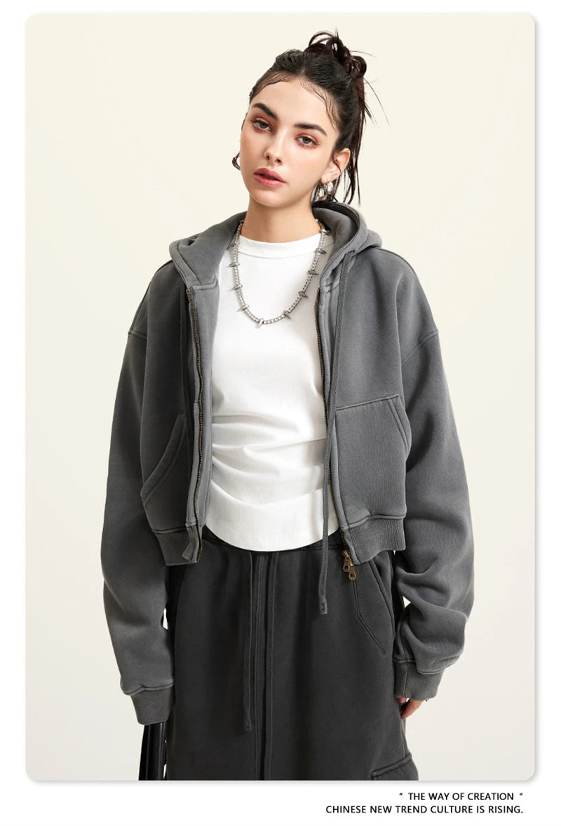 ZODF Retro 2025 Winter Women Short Zipper Hoodies Female Girls Loose 355gsm Thick Fleece Hooded Zip-up Coat Streetwears HY0448