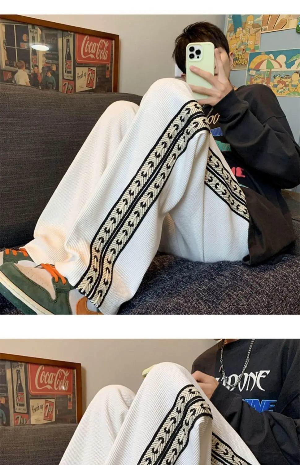 American High Street Waffle Autumn Casual Pants Men Solid Patchwork Print Trendy Fashion Pockets Loose Straight Wide Leg Trouser