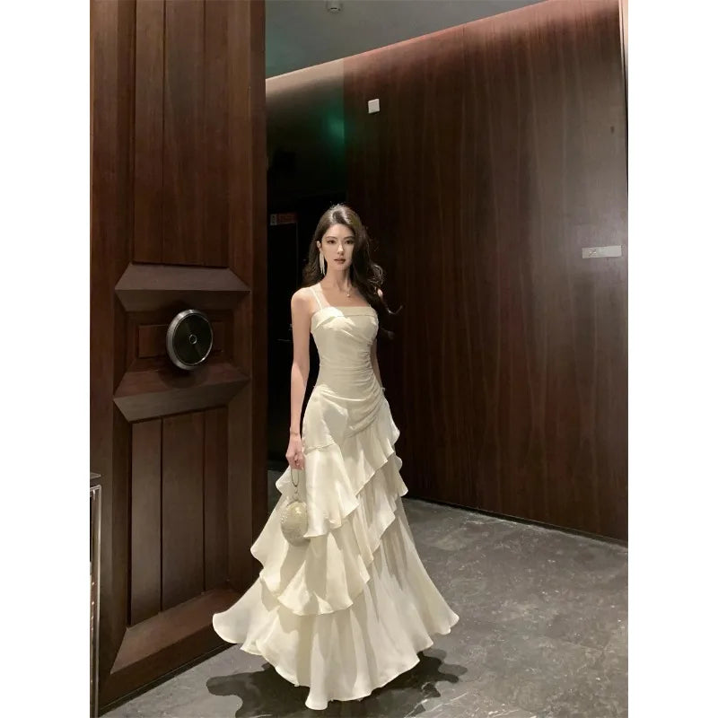 French Elegant Luxury Ruffles Sling Mermaid Dress Prom Gown  Zipper Tierred Shoulder Dresses 2025 Summer Chic New Vestidos