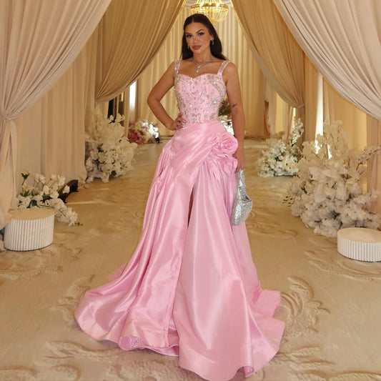 Pink Satin Crystals A-Line Evening Gown Elegant Sleeveless Sequin Lace Mermaid Prom Dress High Slit Floral Applique Party Dress