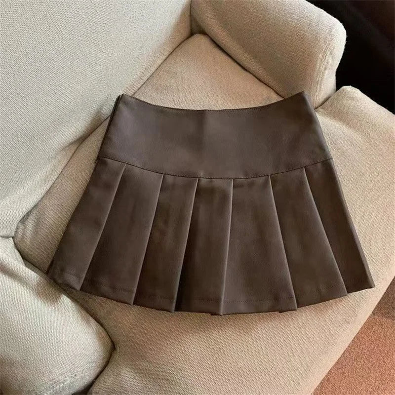 S-3XL Y2K Pu Leather Mini Skirts Women Streetwear High Waist Pleated Skirt Vintage Korean Black Slim Casual A Line Skirts