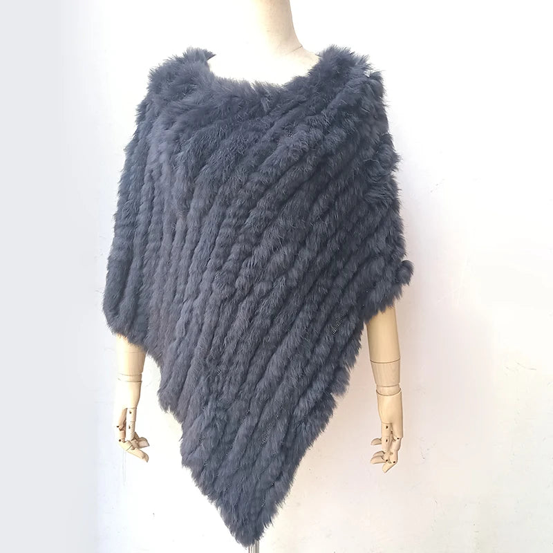 HSPL 2023 Spring Hot Sale Knitted Natural Fur Shawl  Fashion Rabbit Fur Cape Shawl Genuine Rabbit Fur Women Black Fur Poncho