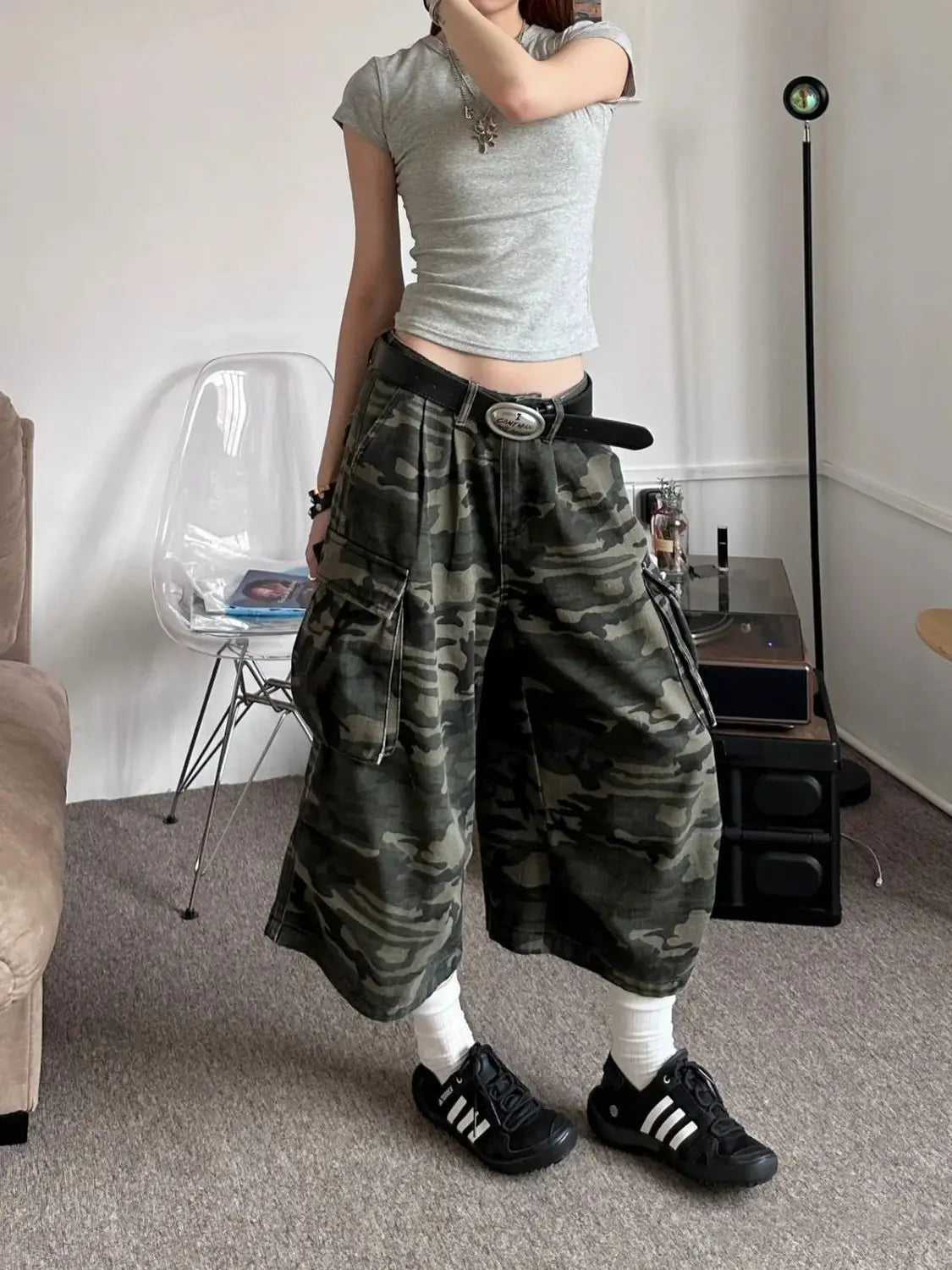 American Camouflage Jeans Men's and Women's High Street Loose Straight Leg Casual Versatile Seven-minute Denim Pants Male