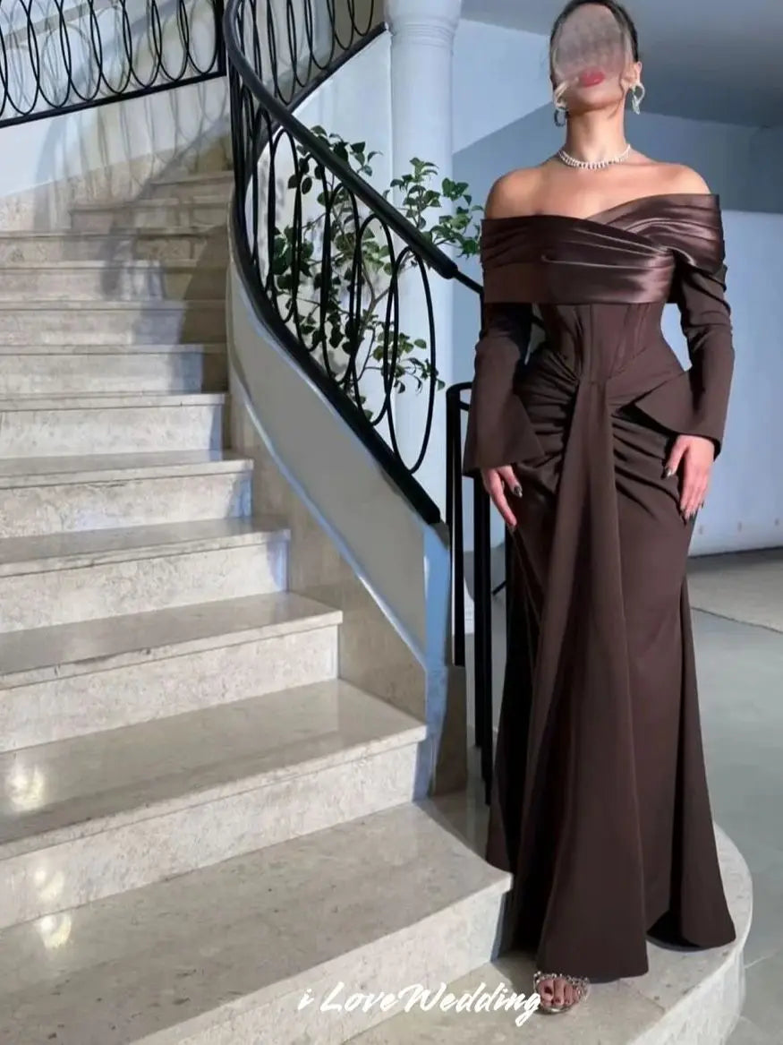 Brown Off the Shoulder Prom Dresses 2025 Satin Long Sleeve Corset Mermaid Pleated Backless Zip Wedding Party Dress Customized