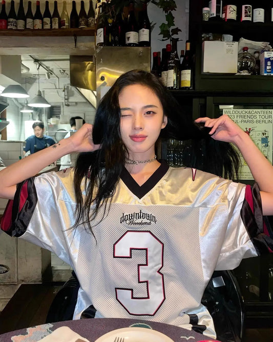 2025 New Korean Ins Trend No. 3 Short Sleeved T-Shirt Lartigent American Retro Jersey Women's Summer Y2K Casual Couple Tee