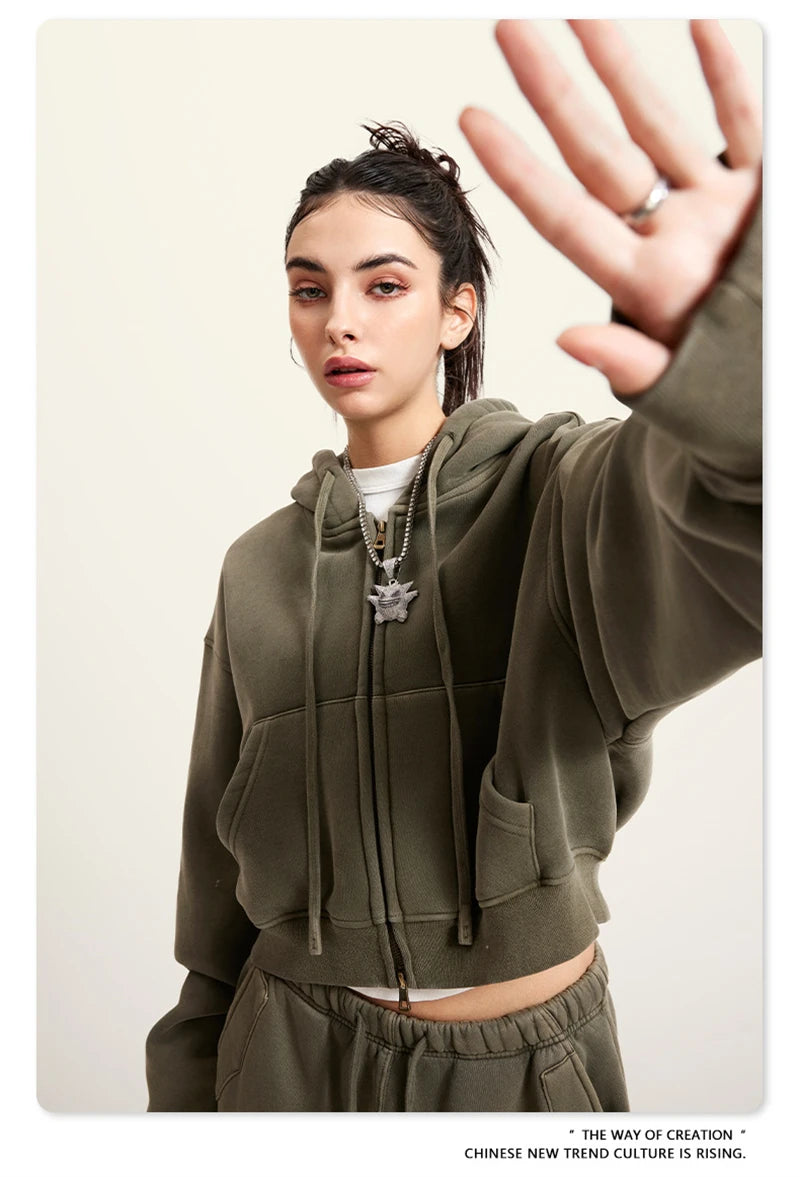 ZODF Retro 2025 Winter Women Short Zipper Hoodies Female Girls Loose 355gsm Thick Fleece Hooded Zip-up Coat Streetwears HY0448