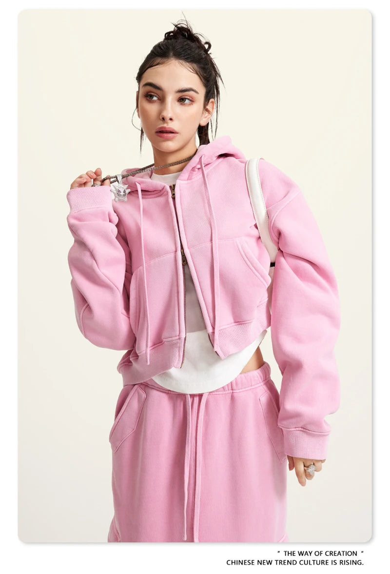 ZODF Retro 2025 Winter Women Short Zipper Hoodies Female Girls Loose 355gsm Thick Fleece Hooded Zip-up Coat Streetwears HY0448