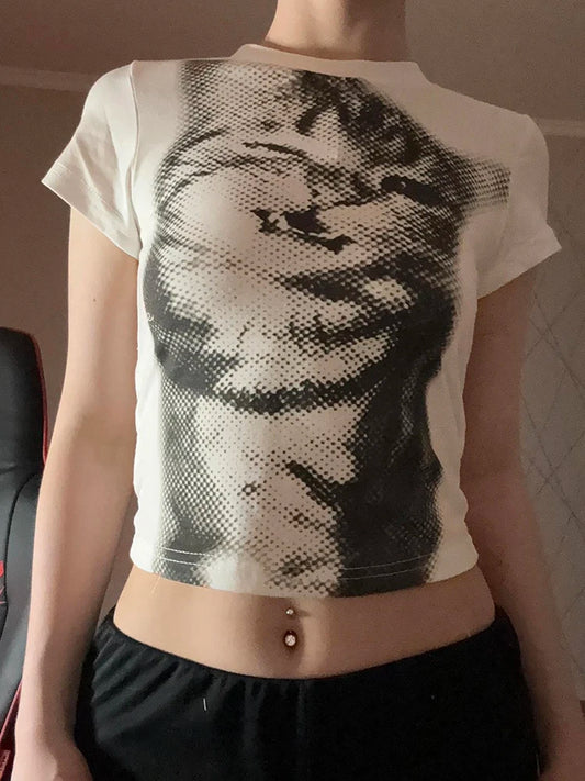 Harajuku Animal Print Crop Top Basic White Short Sleeve Crewneck T-shirt Women Casual Slim-fitting Tees Lady y2k Vintage