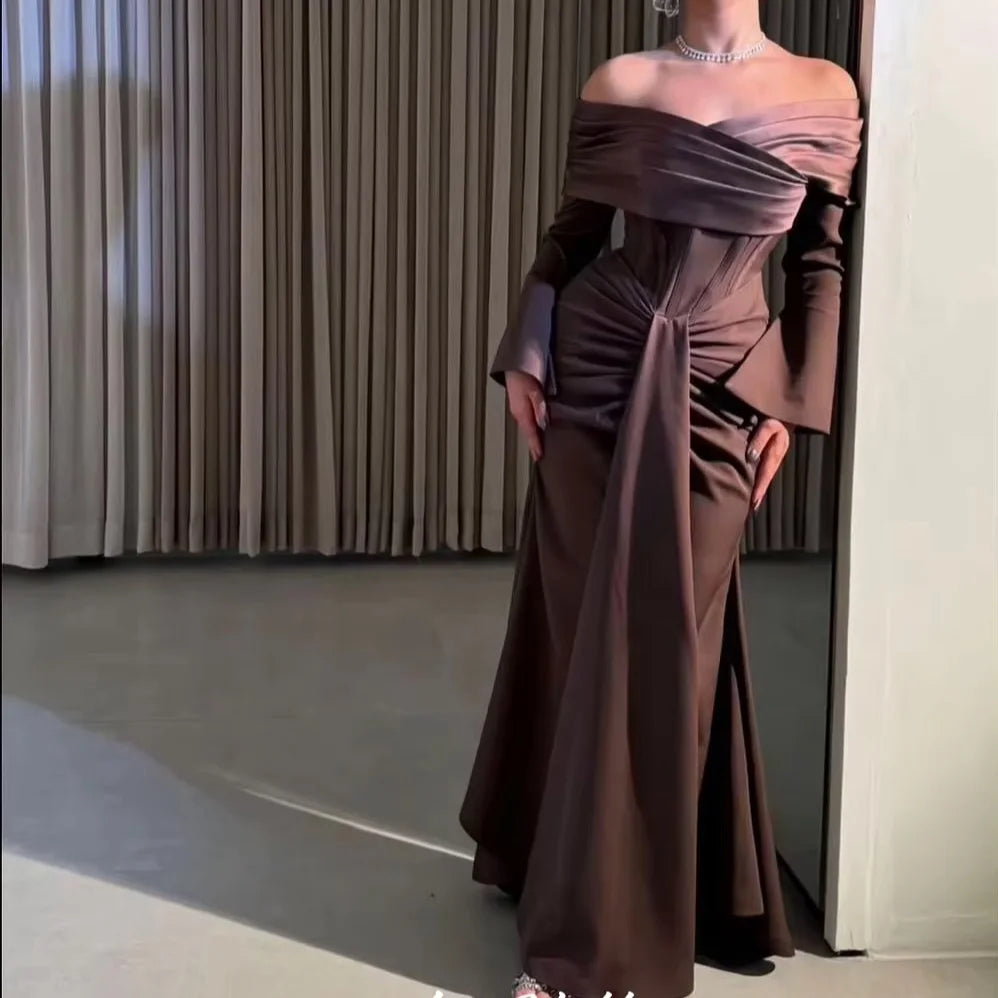Brown Off the Shoulder Prom Dresses 2025 Satin Long Sleeve Corset Mermaid Pleated Backless Zip Wedding Party Dress Customized