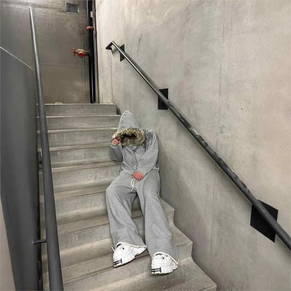 Y2K Retro Zip up Hoodie Faur Collar Harajuku Streetwear Hip Hop Zipper Sweatshirt Hoodies Unisex Rock Goth Loose Punk EMO Jacket