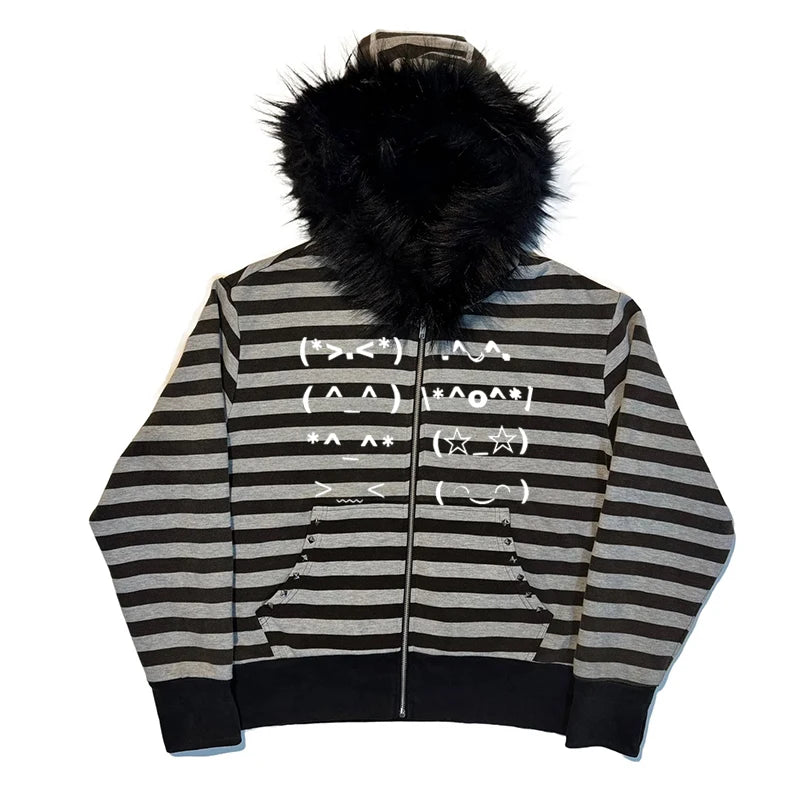 Casual Faur collar Harajuku Streetwear Hiphop Zipper Hoodie sweatshirt Vintage Rock Goth Loose Punk EMO Y2K Zip up hoodie Jacket