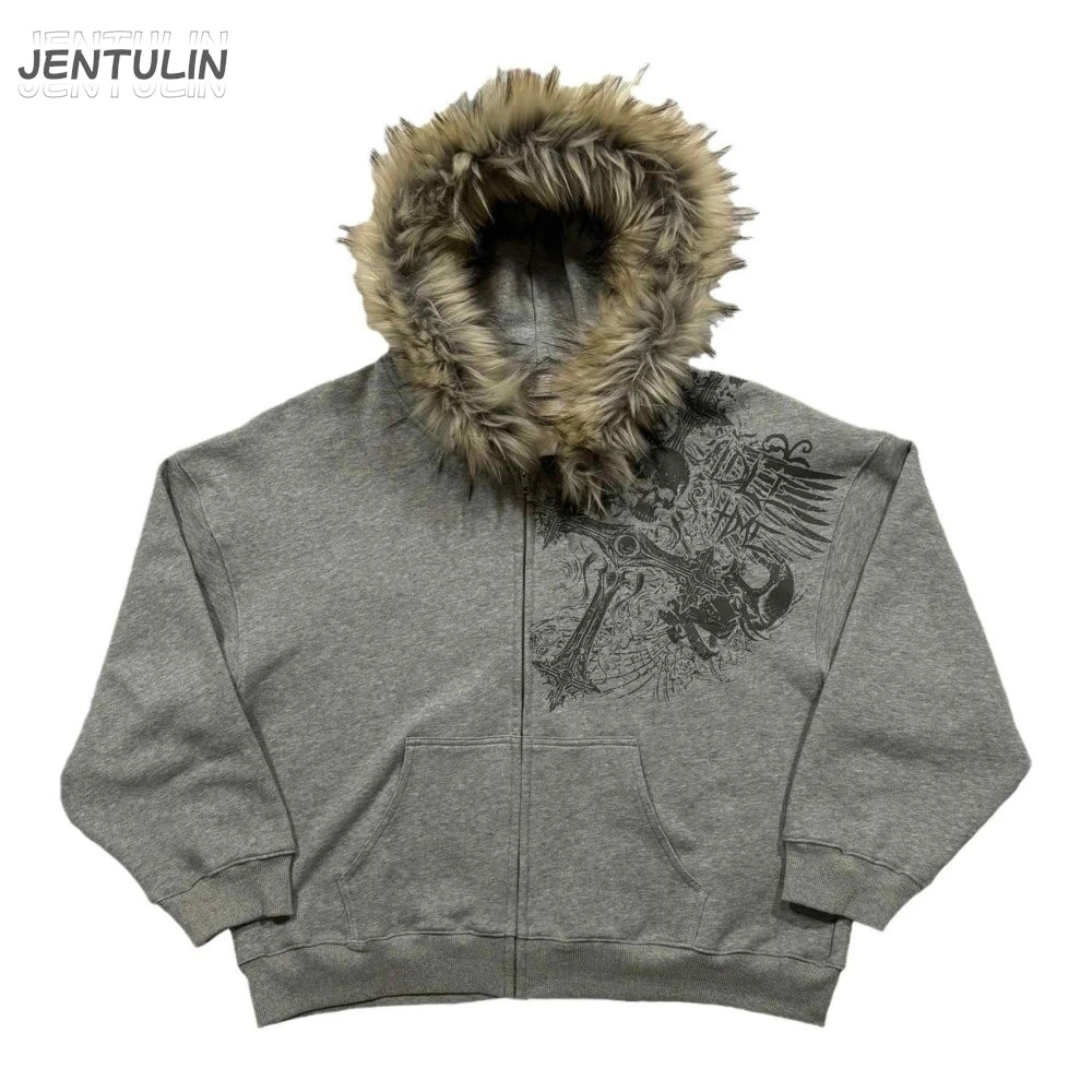 Y2K Retro Zip up Hoodie Faur Collar Harajuku Streetwear Hip Hop Zipper Sweatshirt Hoodies Unisex Rock Goth Loose Punk EMO Jacket
