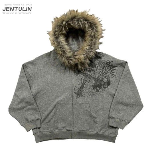 Y2K Retro Zip up Hoodie Faur Collar Harajuku Streetwear Hip Hop Zipper Sweatshirt Hoodies Unisex Rock Goth Loose Punk EMO Jacket