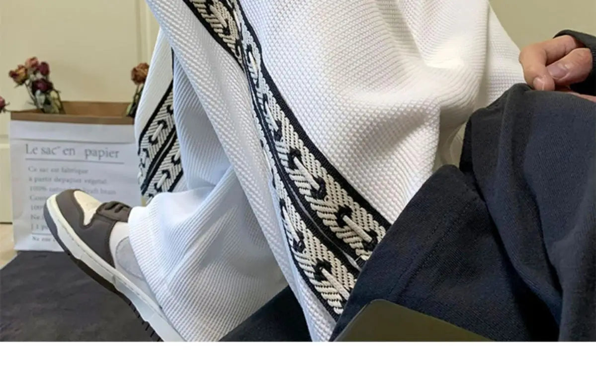 American High Street Waffle Autumn Casual Pants Men Solid Patchwork Print Trendy Fashion Pockets Loose Straight Wide Leg Trouser