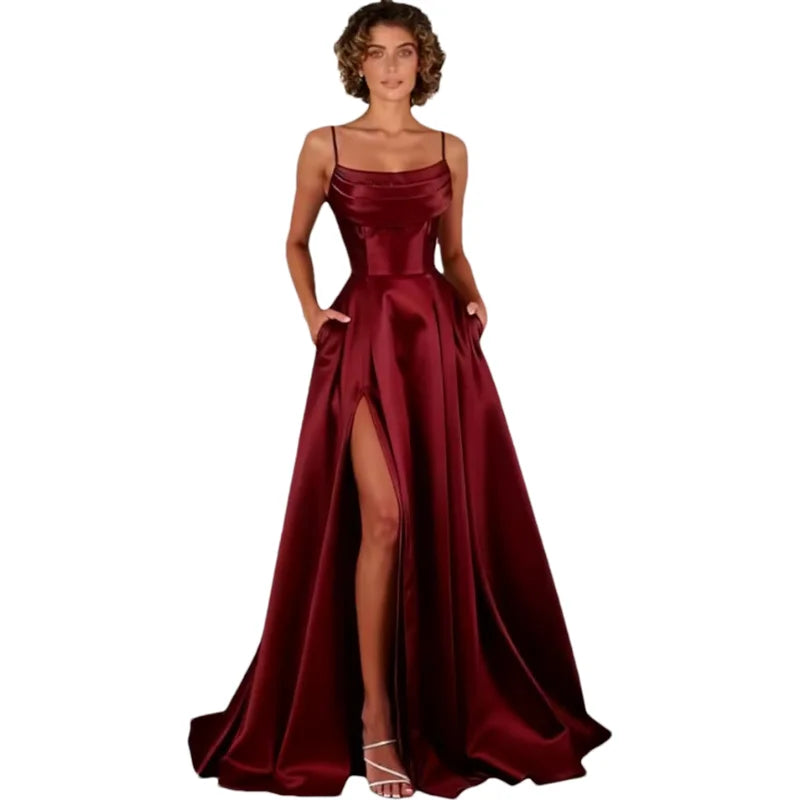 Customized Women's Spaghetti Straps Satin Prom Dresses with Slit Long A Line Formal Dress Evening Party Gowns with Pockets