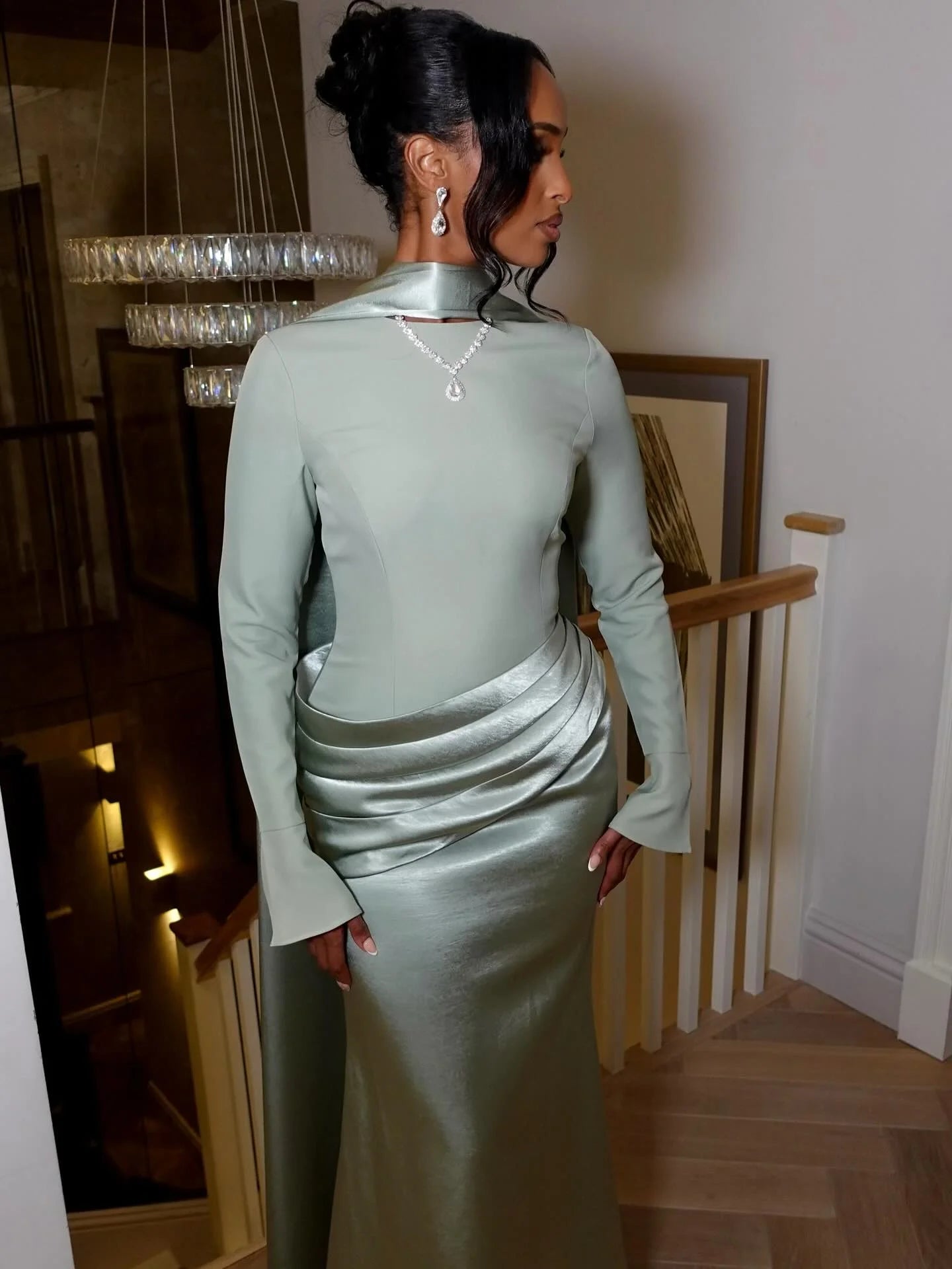 Green Long Sleeves Prom Dresses Pleated Evening Dresses Mermaid vestidos de gala Floor Length Formal Party Dress Customized